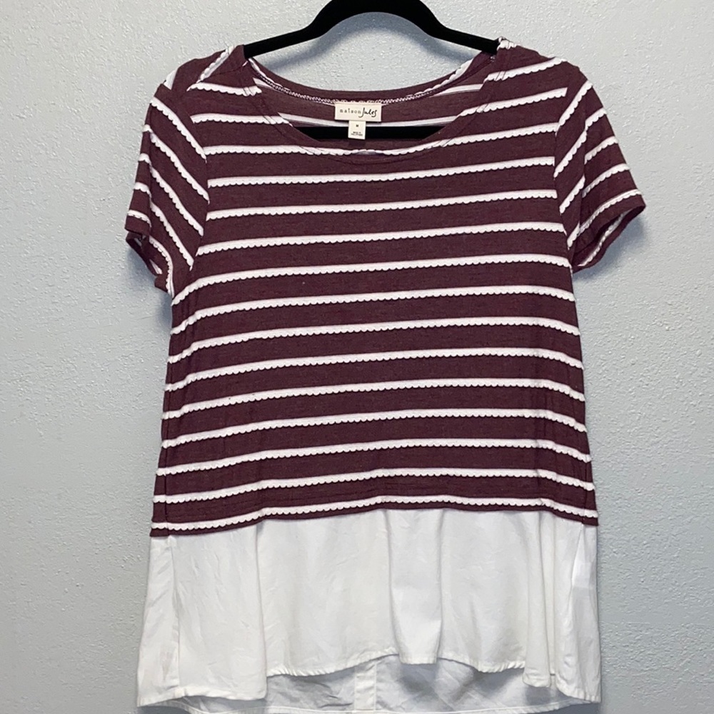 Maison Jules Purple White Striped Twofer Shirttail Short Sleeve Top 4114